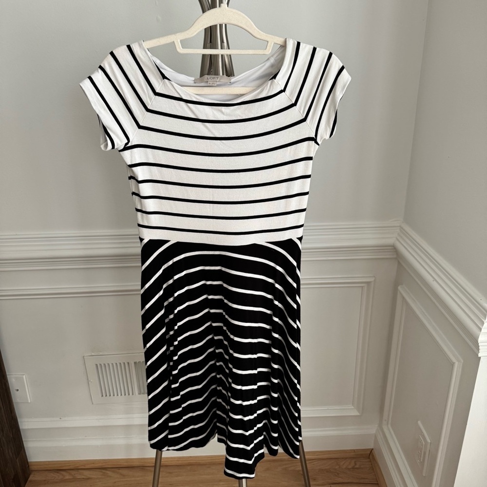 LOFT Black and White Striped Midi Dress size XS
